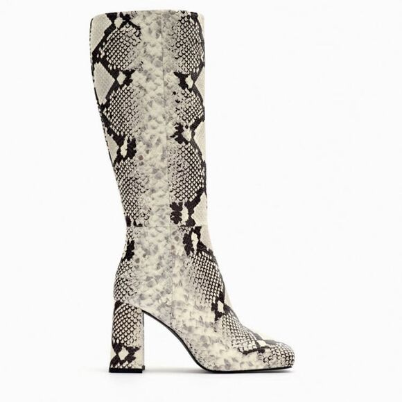 NWT ZARA BOOTS SNAKE PRINT INNER PLATFORM LEATHER HEELED KNEE HIGH BOOTS - Picture 9 of 14